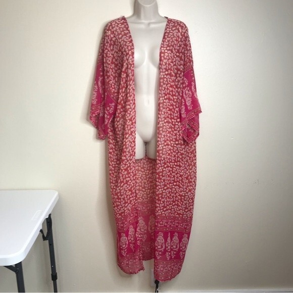 Kimono Duster Red Pink Floral Semi Sheer Open Front Flowy Chiffon Women One Size - Picture 10 of 13
